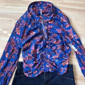 Free People Blue and Orange Floral Blouse